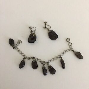 Brown Teardrop Charm Bracelet and Clip-On Earring Set